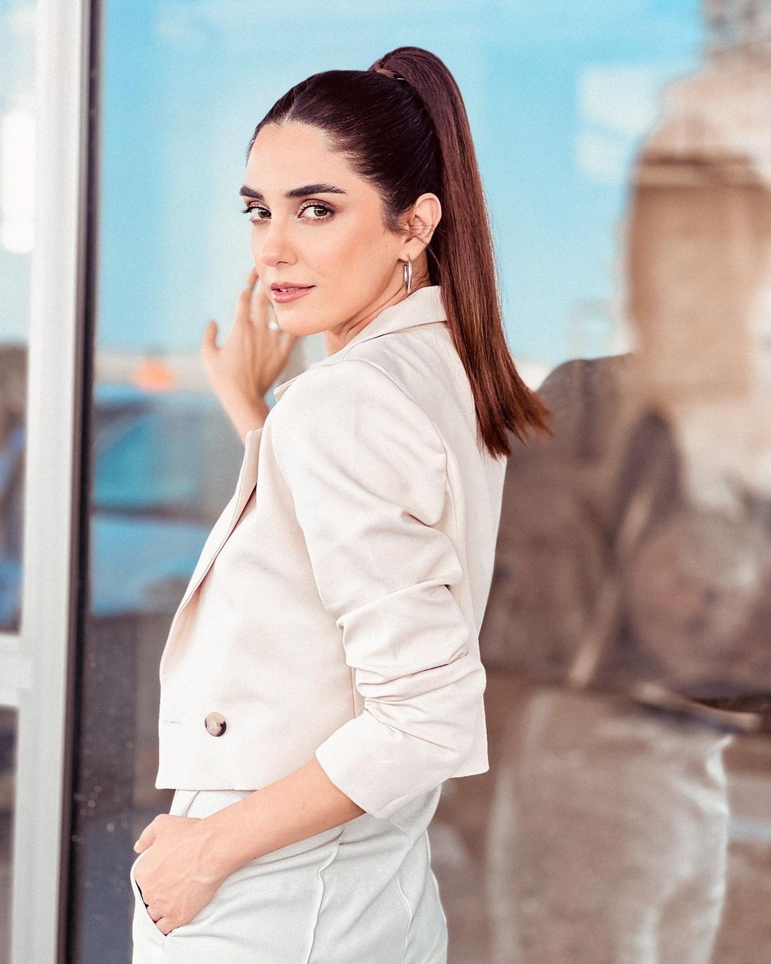 Maya Ali in Beige Power Suit